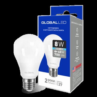 Лампа общего назначения LED лампа GLOBAL A60 8W яркий свет 220V E27 AL (1-GBL-162) (NEW)