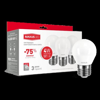 Набор LED ламп MAXUS G45 F 4W мягкий свет 220V E27 (по 3шт.) (3-LED-549) (NEW)