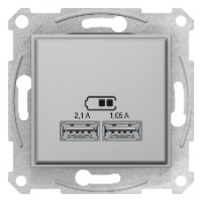 Розетка 2-я с USB выходами для зарядки SDN2710260, цвет алюминий